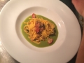 Chitarrine, scalogno di Romagna igp, salsiccia stridoli e pomodorini, crema agli asparagi verdi